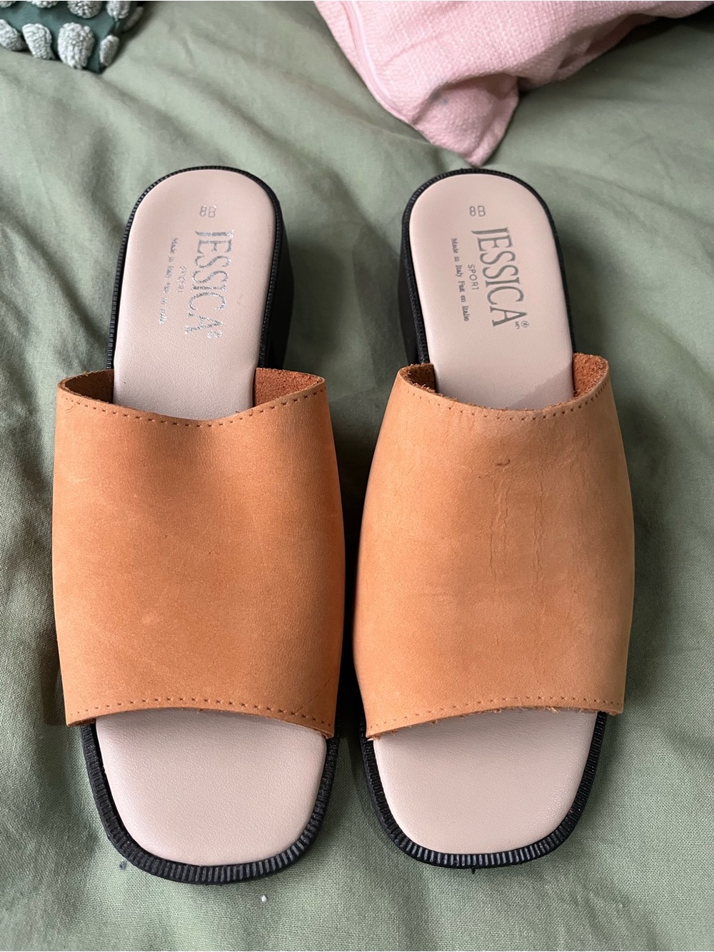 Jessica Leather Slide Sandals | Tan Block Heel Mules | Size 8B